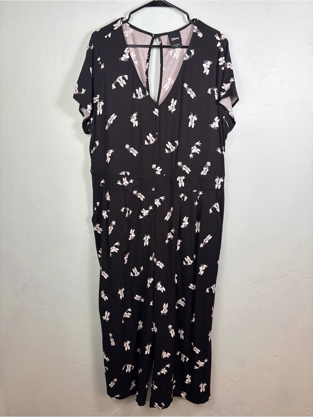 Disney Black Short Sleeve V neck Jumpsuit w/ White Minnie Mouse Print